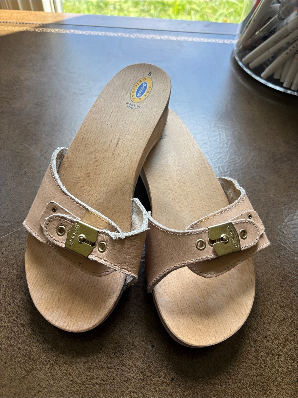 Vintage Dr. Scholl’s Original Italian Leather Wooden Sandals Tan Gold Hardware